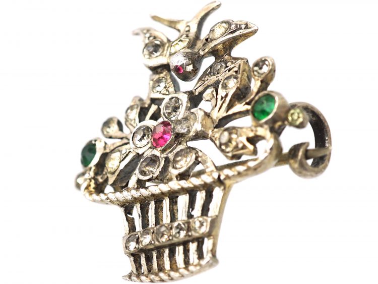 Edwardian Silver & Paste Giardinetti Brooch with Bird
