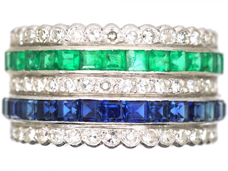 Art Deco 18ct White Gold, Diamond, Sapphire & Emerald Half Eternity Ring