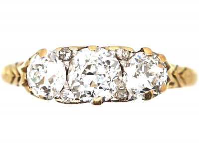 Victorian 18ct Gold, Three Stone Diamond Carved Half Hoop Ring
