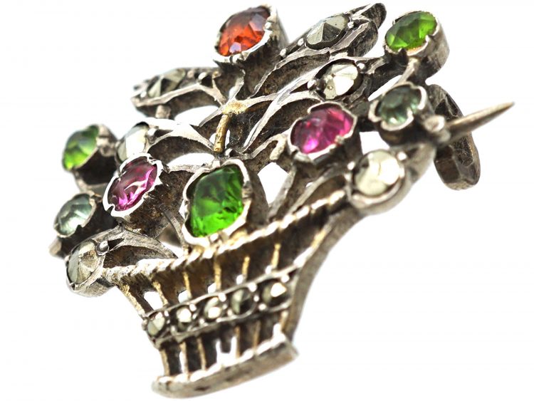 Edwardian Silver, Marcasite & Coloured Paste Giardinetti Brooch