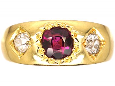Victorian 18ct Gold, Three Stone Almandine Garnet & Diamond Gypsy Ring