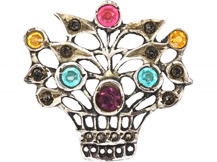 Edwardian Silver & Paste Small Basket of Flowers Brooch
