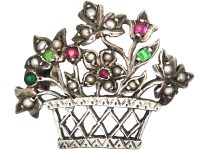 French Belle Epoque Silver, Ruby, Emerald & Natural Split Pearl Giardinetti Brooch