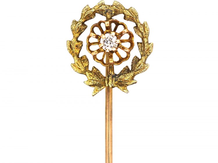 Early 20th Century 14ct Two Colour Gold Laure Leaf Tie Pin set with a Diamond