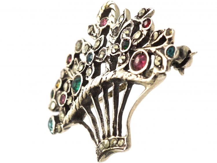 Edwardian Silver, Marcasite & Coloured Paste Giardinetti Brooch