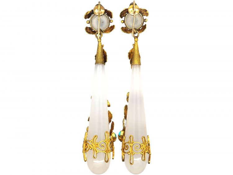 Georgian Chalcedony Drop Earrings with Three Colour 15ct Gold & Turquoise Acorn Detail