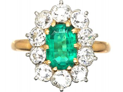 French Belle Epoque 18ct Gold, Emerald & Diamond Cluster Ring
