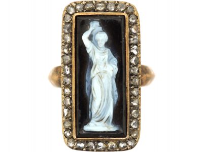 Victorian Carved Onyx Cameo Ring with Rose Diamond Border