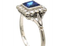 Art Deco Platinum, Sapphire & Diamond Square Ring