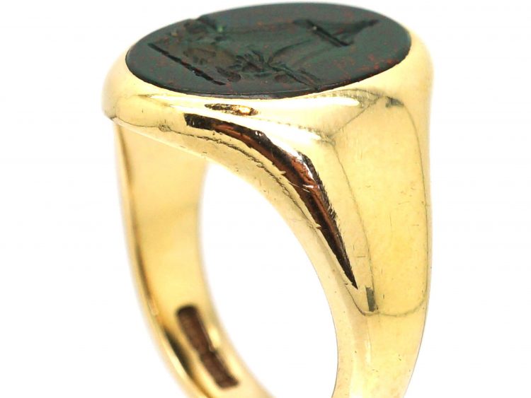9ct Gold Signet Ring Set with a Bloodstone Intaglio of a Pagoda & Lion by Charles Green & Sons