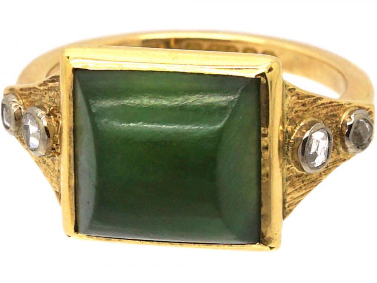 18ct Gold, Domed Nephrite & Diamond Ring