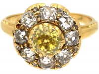 Victorian 18ct Gold Diamond Cluster Ring set with an Old Mine Cut Fancy Yellow Diamond