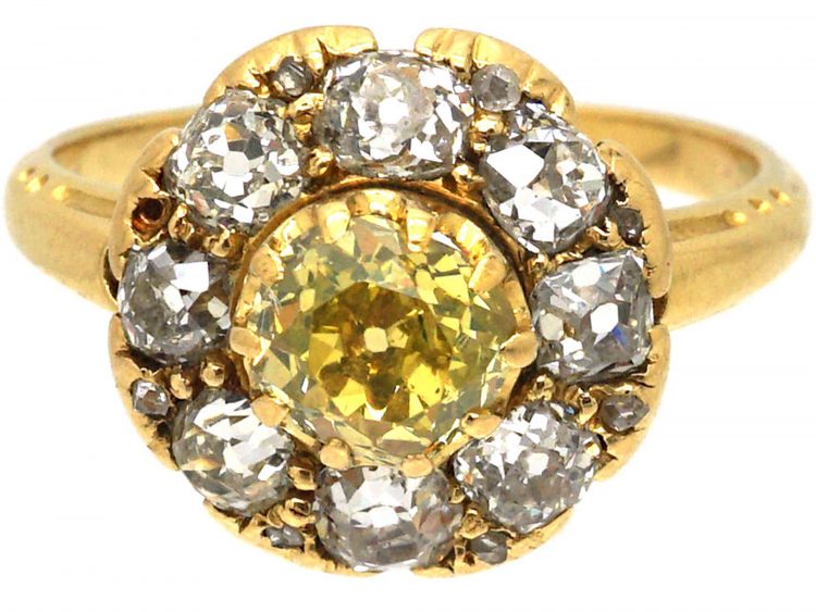Victorian 18ct Gold Diamond Cluster Ring set with an Old Mine Cut Fancy Yellow Diamond