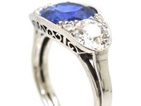 Art Deco Platinum, Unheated Burma Sapphire & Diamond Three Stone Ring