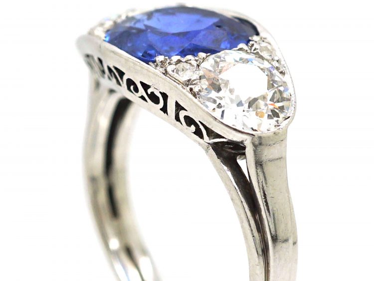 Art Deco Platinum, Unheated Burma Sapphire & Diamond Three Stone Ring
