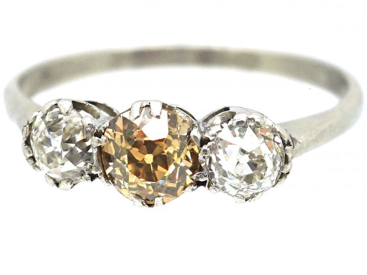 Art Deco Platinum, Three Stone Ring with Champagne Coloured Diamond in the Centre