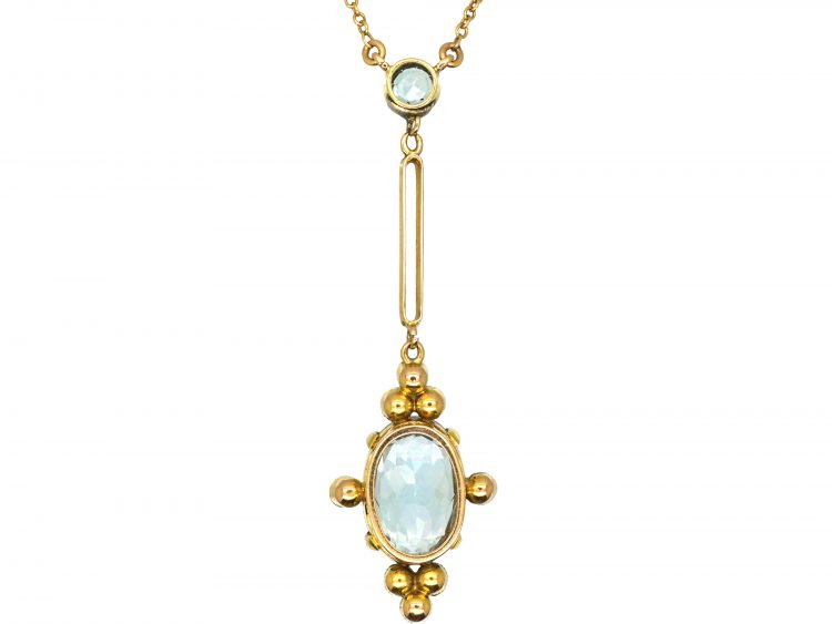 Art Deco 15ct Gold Aquamarine & Natural Pearl Pendant on 15ct Gold Chain