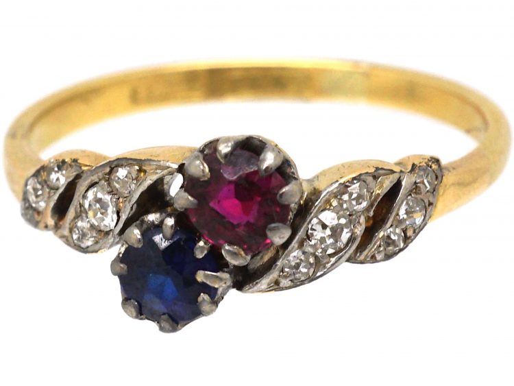 Edwardian 18ct Gold & Platinum, Sapphire, Ruby & Diamond Twist Ring