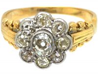 Victorian 18ct Gold, Old Mine Cut Diamond Cluster Ring with Ornate Shoulders