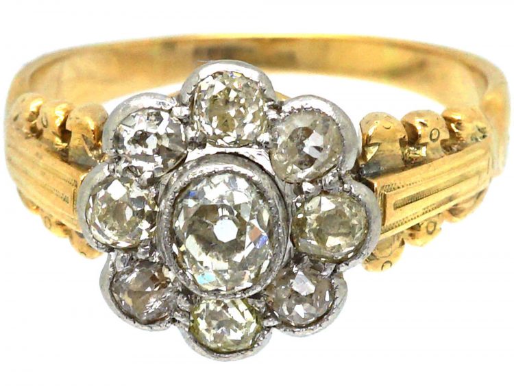 Victorian 18ct Gold, Old Mine Cut Diamond Cluster Ring with Ornate Shoulders