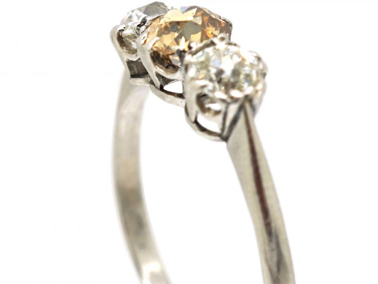 Art Deco Platinum, Three Stone Ring with Champagne Coloured Diamond in the Centre