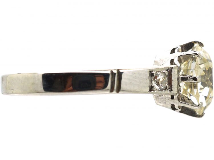 Art Deco French Platinum 2.10 Carat Diamond Solitaire Ring with Diamond Set Shoulders