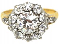 Edwardian 18ct Gold, Diamond Cluster Ring with Diamond Set Shoulders