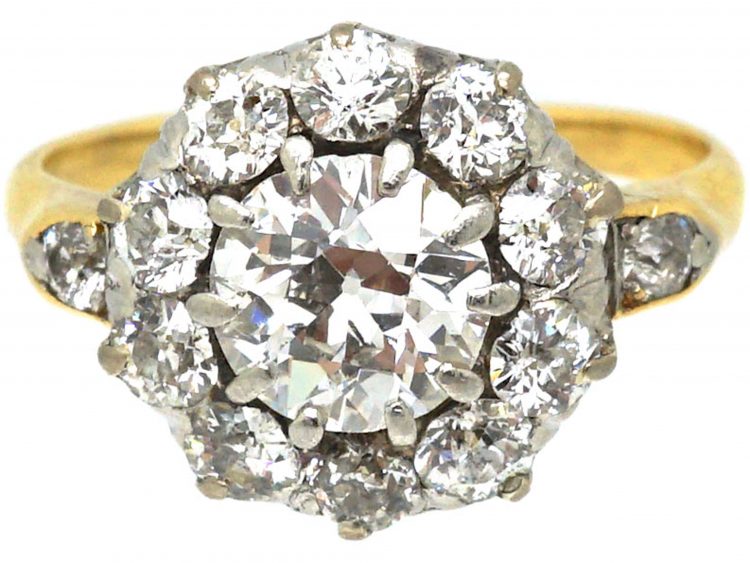 Edwardian 18ct Gold, Diamond Cluster Ring with Diamond Set Shoulders
