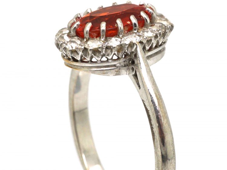 Art Deco 18ct White Gold, Fire Opal & Diamond Cluster Ring