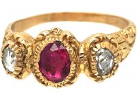 Georgian 15ct Gold, Ruby & Rose Diamond Ring with Repousse Shoulders