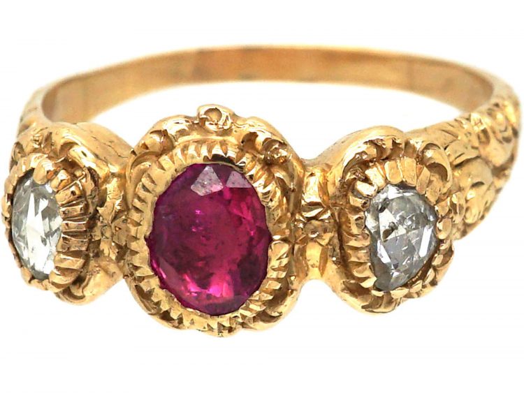 Georgian 15ct Gold, Ruby & Rose Diamond Ring with Repousse Shoulders