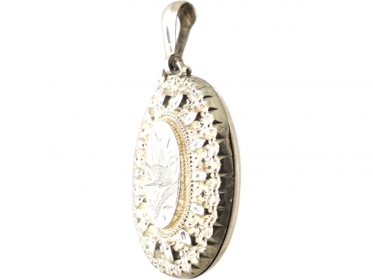 Victorian Oval Silver Locket with Swallow Motif