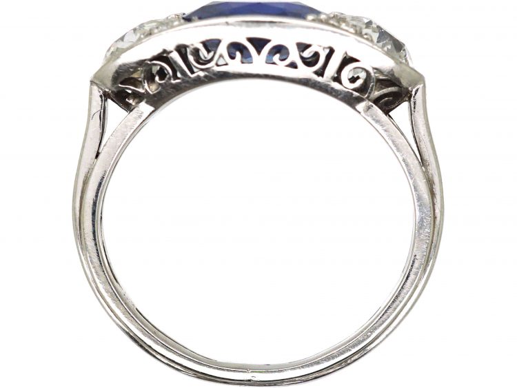 Art Deco Platinum, Unheated Burma Sapphire & Diamond Three Stone Ring