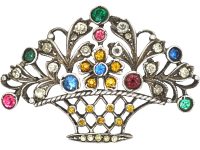 Edwardian Silver & Coloured Paste Basket of Flowers Brooch