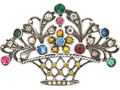 Edwardian Silver & Coloured Paste Basket of Flowers Brooch
