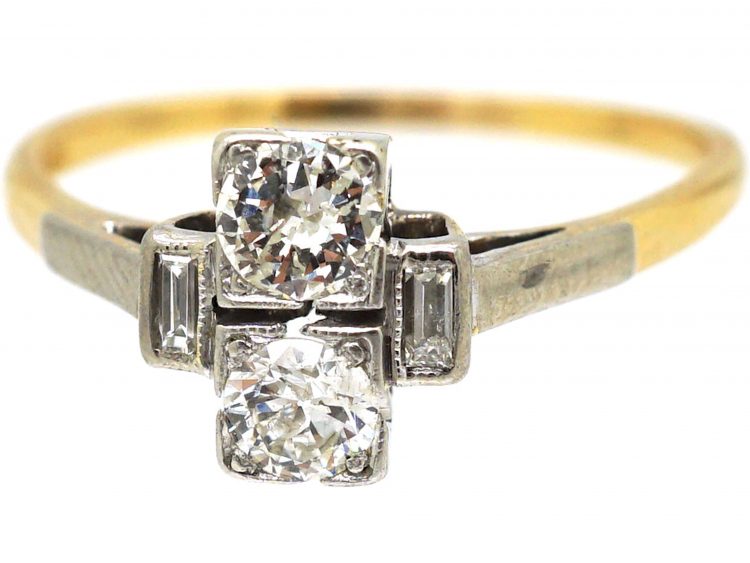 Art Deco 18ct Gold & Platinum Two Stone Diamond Ring with Baguette Diamond Shoulders