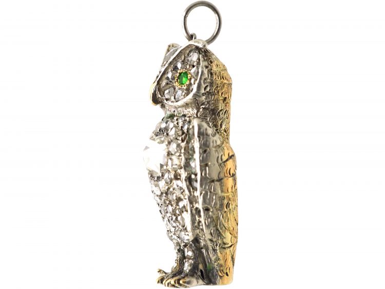 Victorian Owl Pendant set with Rose Cut Diamonds & Green Garnets