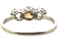 Art Deco Platinum, Three Stone Ring with Champagne Coloured Diamond in the Centre