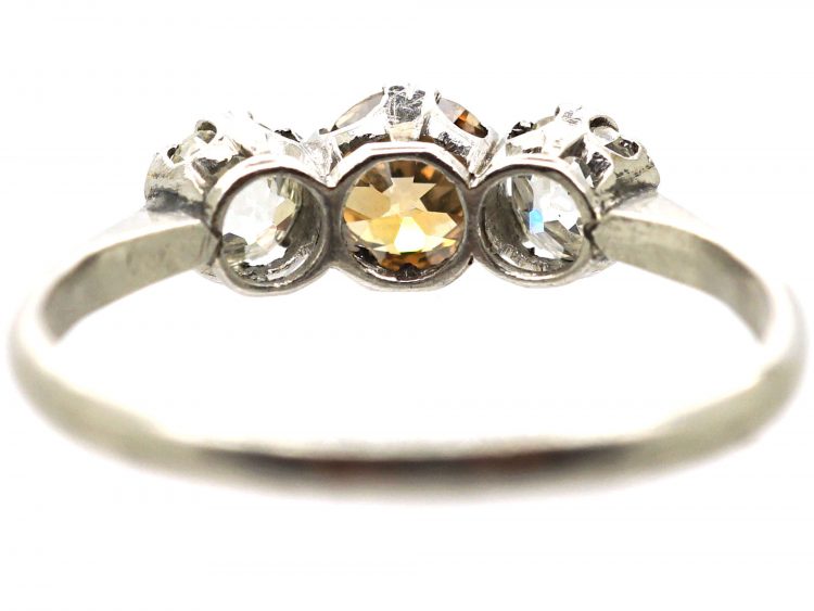 Art Deco Platinum, Three Stone Ring with Champagne Coloured Diamond in the Centre