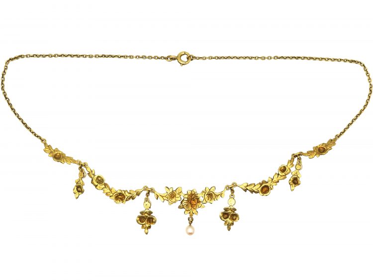 French Belle Epoque 18ct Gold Garland Necklace set with Natural Pearls