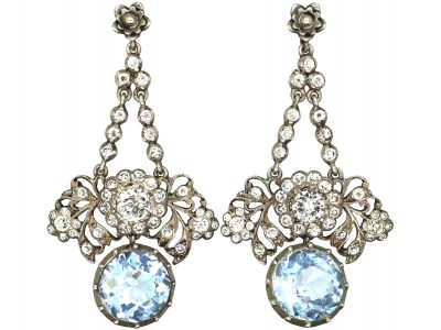 Edwardian Silver & Pale Blue & White Paste Flower Drop Earrings
