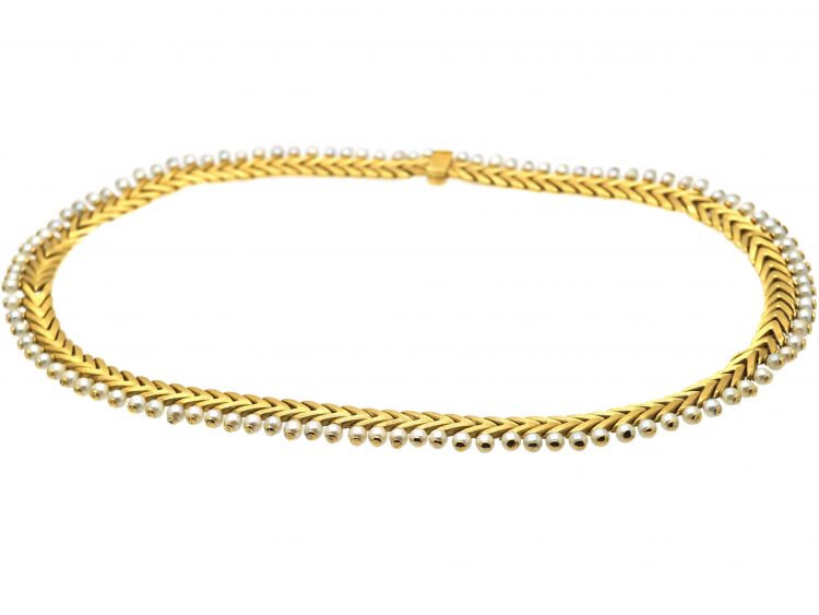 18ct Gold Collar with Chevron & Pearl Motif