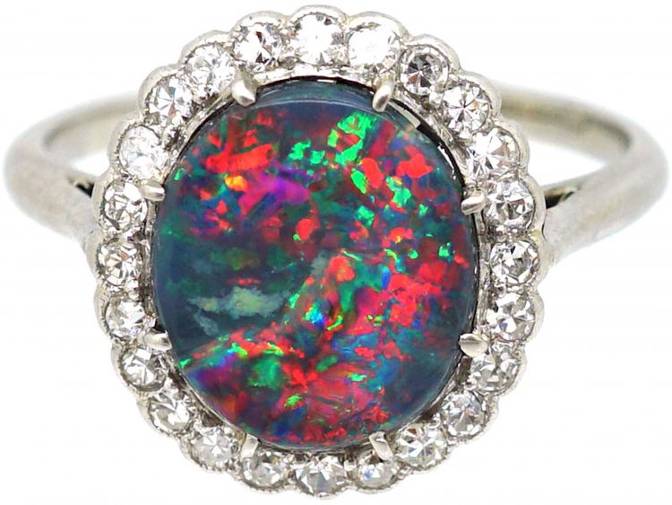 Art Deco 18ct White Gold & Platinum, Black Opal & Diamond Ring