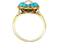Edwardian 18ct Gold, Turquoise & Natural Pearl Ring with Diamond Points