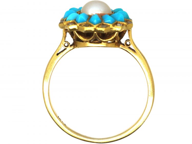 Edwardian 18ct Gold, Turquoise & Natural Pearl Ring with Diamond Points
