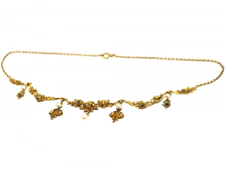 French Belle Epoque 18ct Gold Garland Necklace set with Natural Pearls