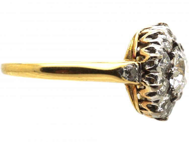 Edwardian 18ct Gold, Diamond Cluster Ring with Diamond Set Shoulders