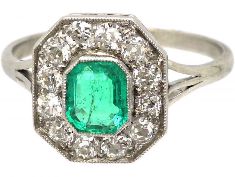 Art Deco Platinum, Emerald & Diamond Octagonal Shaped Ring