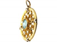 Edwardian 9ct Two Colour Gold Flower Pendant set with a Zircon & Natural Split Pearls