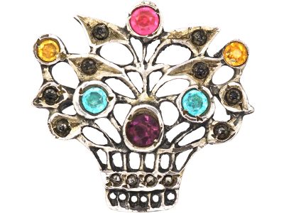 Edwardian Silver & Coloured Paste Basket of Flowers Brooch